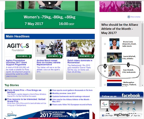 Vote for Para Taekwondo Athlete Evan Medell for IPC Allianz Athlete of the Month – May 2017